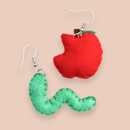 Apple + Worm Felt Earrings 🍎🐛