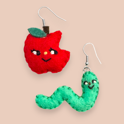 Apple + Worm Felt Earrings 🍎🐛