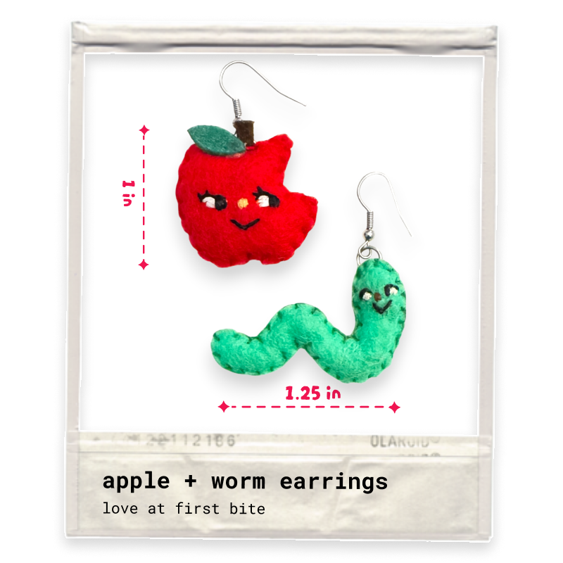 Apple + Worm Felt Earrings 🍎🐛