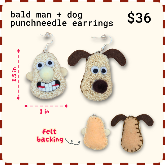 Bald Man + Dog Punchneedle Earrings