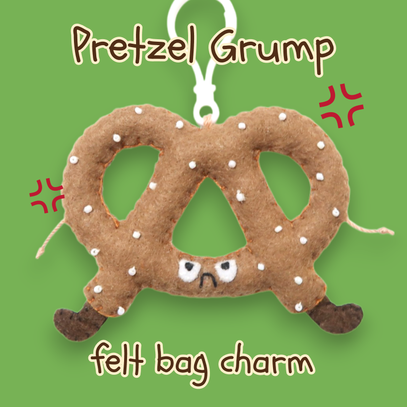 Pretzel Grumpy Guy Felt Bag Charm 🥨